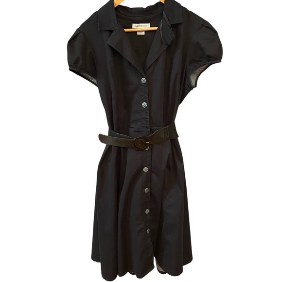 Liz Claiborne Fit & Flare Belted Dress Size 16 Black Button Front Career Classic - Picture 1 of 8